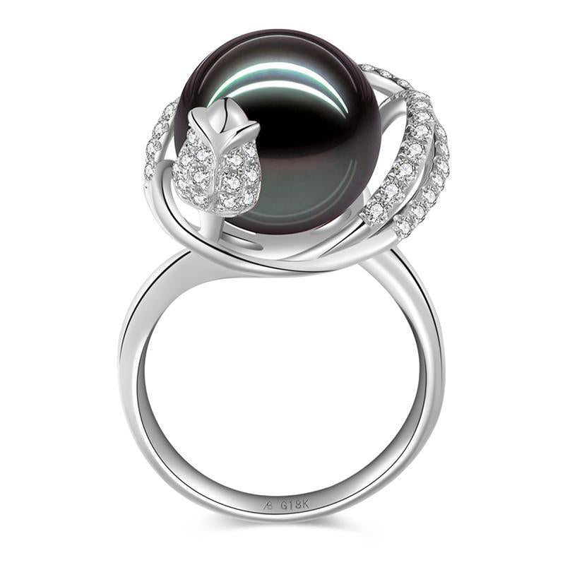 18K Solid Gold Natural 0.329ct Diamond (G-H, SI1-SI2) 12mm Black Tahiti Pearl Ring