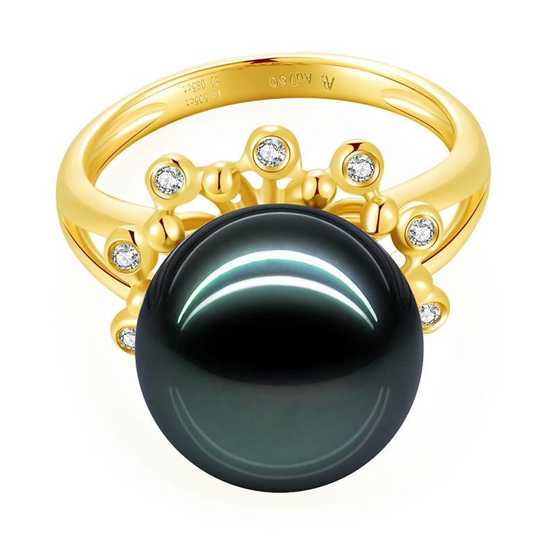 18K Solid Gold Natural 0.085ct Diamond (G-H, SI1-SI2) 12.5mm Black Tahiti Pearl Ring