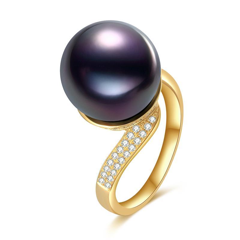 18K Solid Gold Natural 0.263ct Diamond (G-H, SI1-SI2) 12mm Black Tahiti Pearl Ring