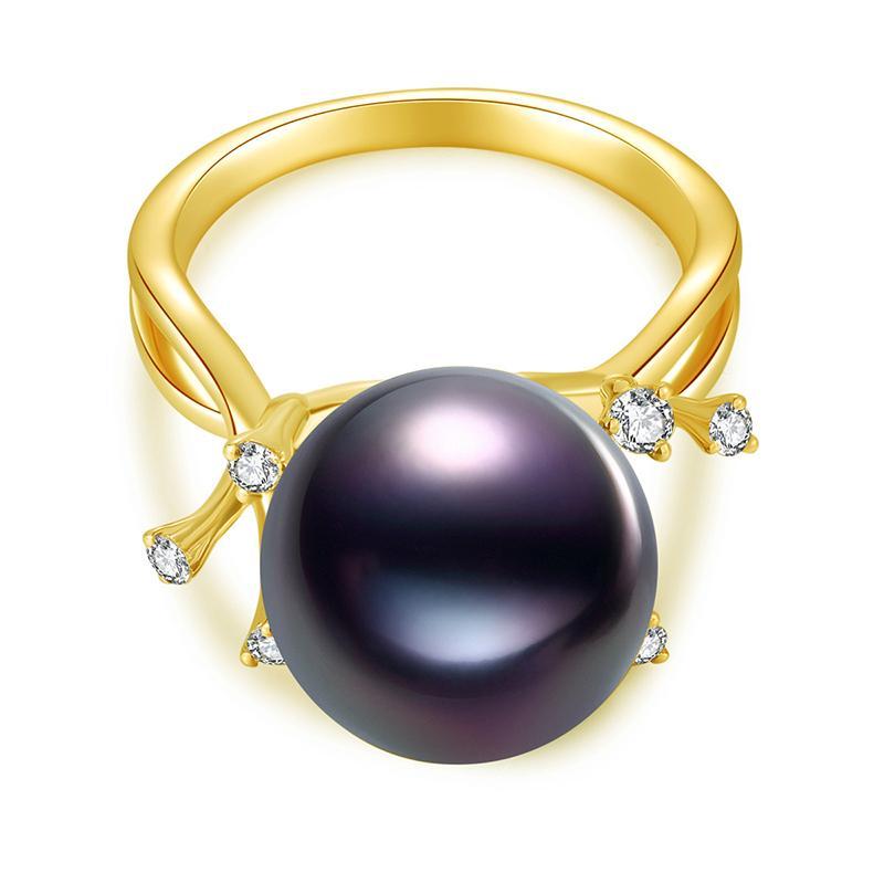 18K Solid Gold Natural 0.138ct Diamond (G-H, SI1-SI2) 12mm Black Tahiti Pearl Ring