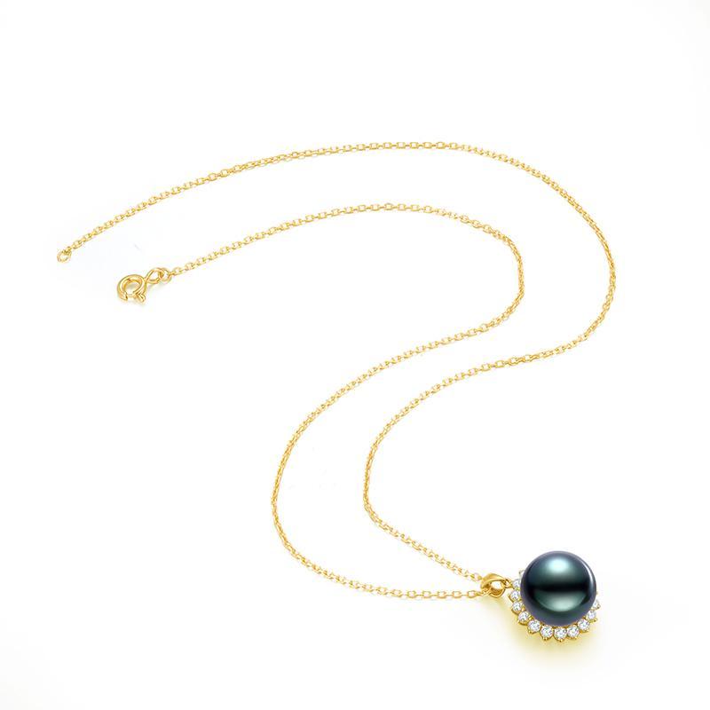 18K Solid Gold Natural 0.588ct Diamond (G-H, SI1-SI2) 12mm Black Tahiti Pearl Pendant Necklace