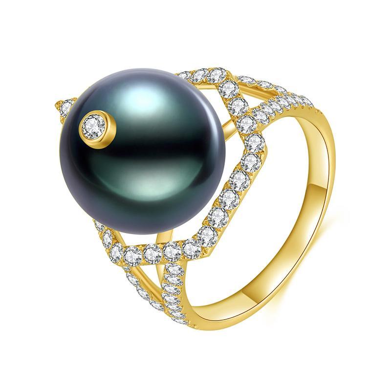 18K Solid Gold Natural 0.96ct Diamond (G-H, SI1-SI2) 12mm Black Tahiti Pearl Ring