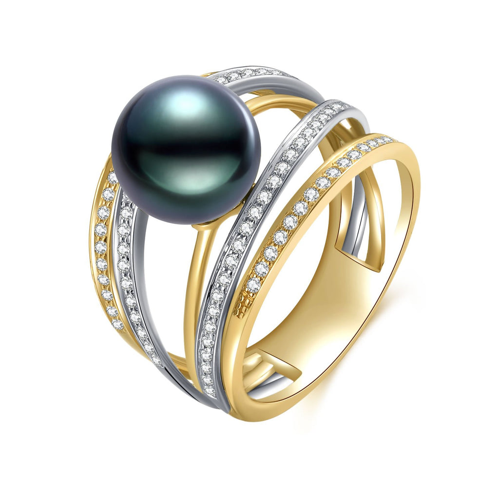 18K Solid Gold Natural 0.335ct Diamond (G-H, SI1-SI2) 9mm Black Tahiti Pearl Ring
