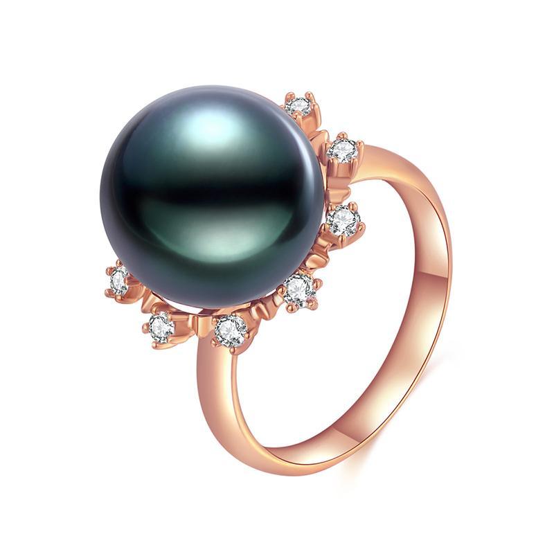 18K Solid Gold Natural 0.248ct Diamond (G-H, SI1-SI2) 13mm Black Tahiti Pearl Ring