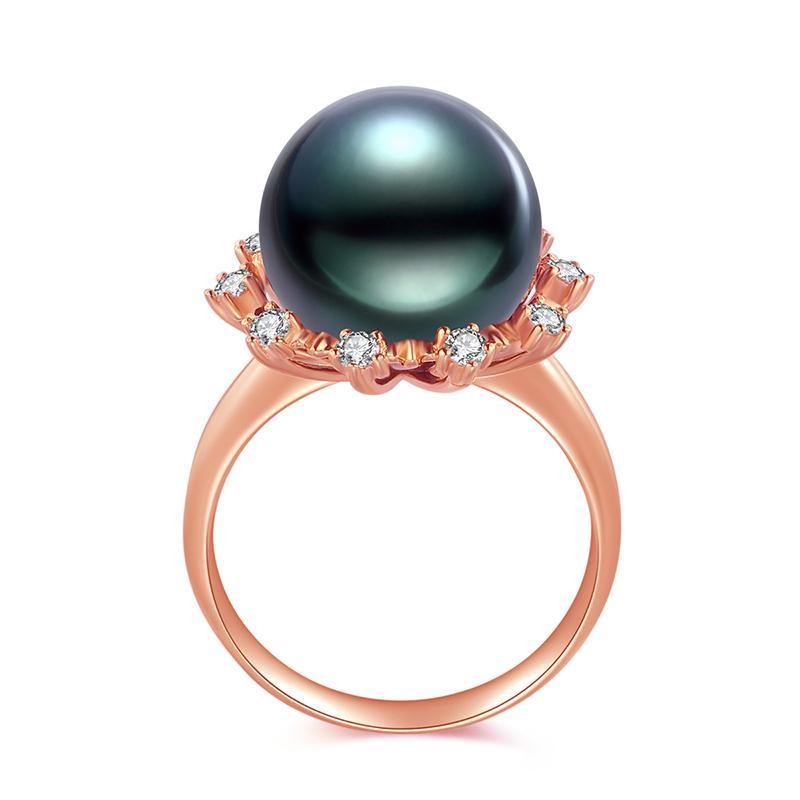 18K Solid Gold Natural 0.248ct Diamond (G-H, SI1-SI2) 13mm Black Tahiti Pearl Ring