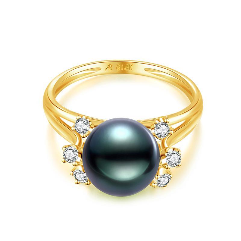 18K Solid Gold Natural 0.149ct Diamond (G-H, SI1-SI2) 9mm Black Tahiti Pearl Ring