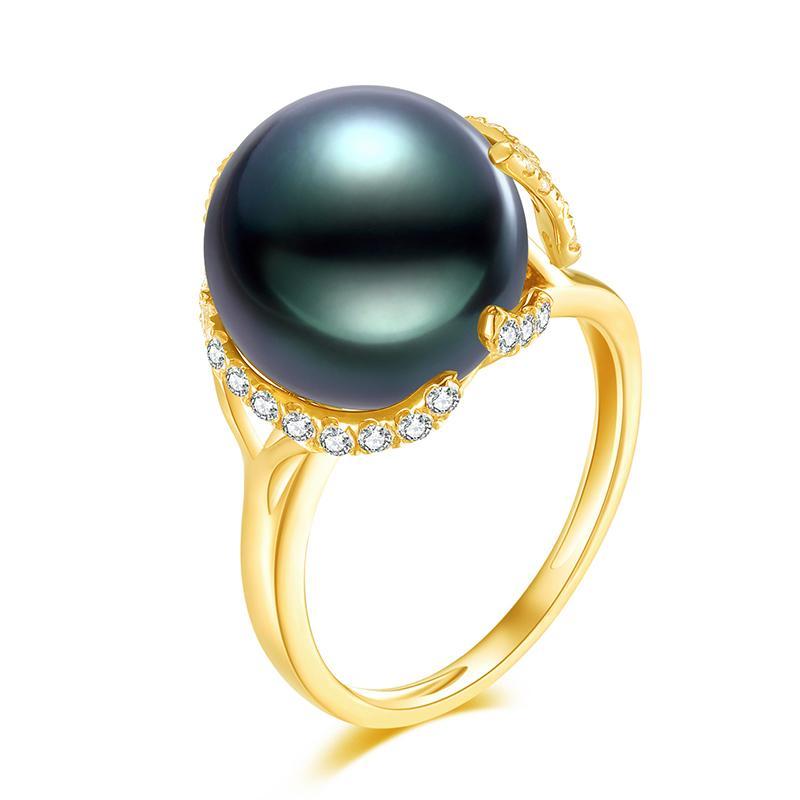 18K Solid Gold Natural 0.535ct Diamond (G-H, SI1-SI2) 12mm Black Tahiti Pearl Ring