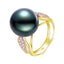 18K Solid Gold Natural 0.276ct Diamond (G-H, SI1-SI2) 13mm Black Tahiti Pearl Ring