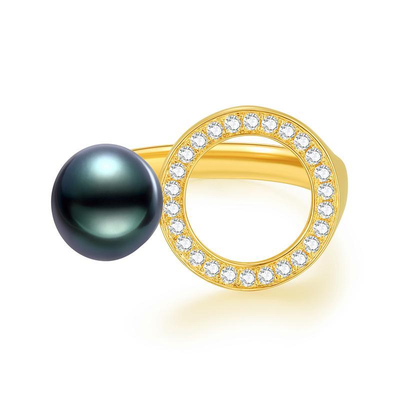 18K Solid Gold Natural 0.232ct Diamond (G-H, SI1-SI2) 8-8.5mm Black Tahiti Pearl Ring