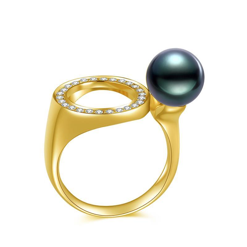 18K Solid Gold Natural 0.232ct Diamond (G-H, SI1-SI2) 8-8.5mm Black Tahiti Pearl Ring