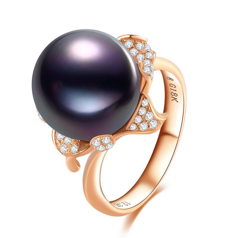 18K Solid Gold Natural 0.191ct Diamond (G-H, SI1-SI2) 11mm Black Tahiti Pearl Ring