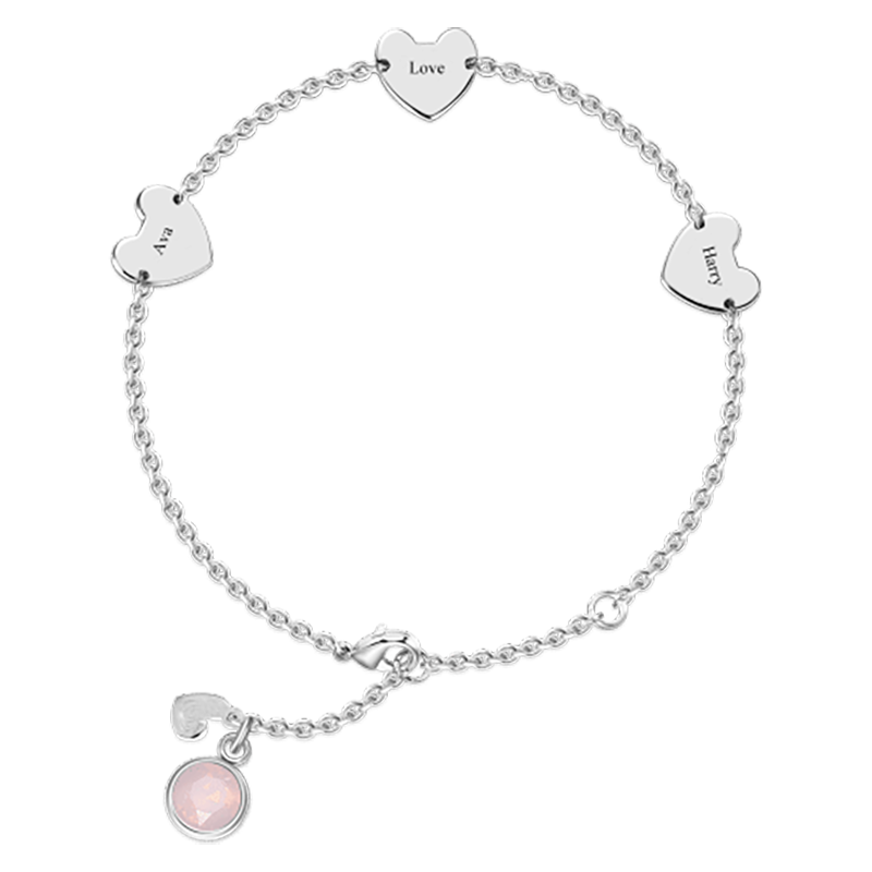 Engraved Three Hearts Bracelet With Custom Birthstone - Length Adjustable