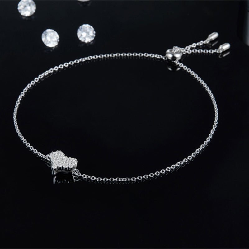 925 Sterling Silver Moissanite Diamonds Heart Shaped Bracelet Adjustable