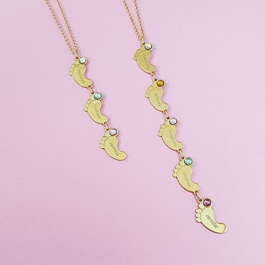 Vertical Baby Feet Necklace With Birthstones