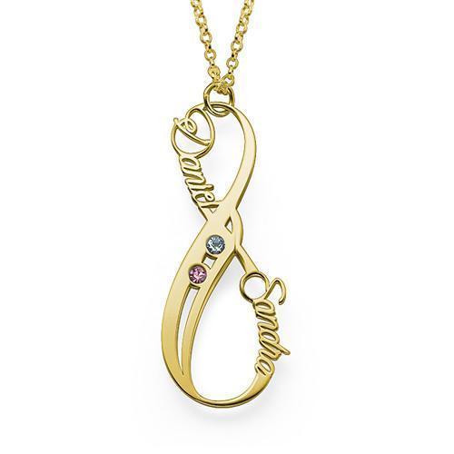 18K Gold Vertical Infinity Name Necklace with Birthstone with Adjustable Chain