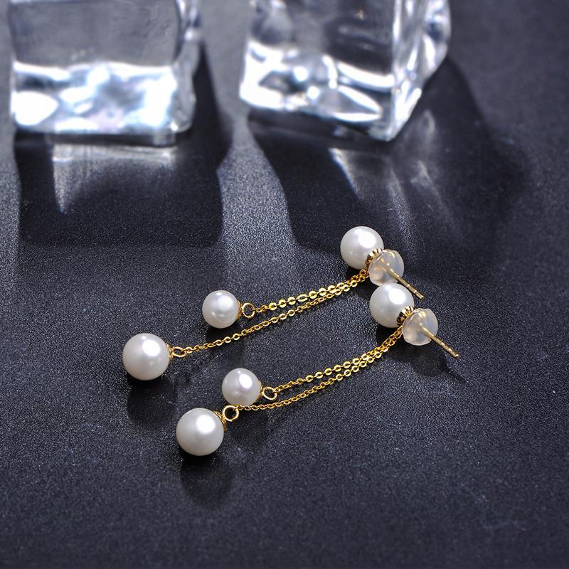 18K Yellow Gold Freshwater Pearl 2 Chain Drop Earrings