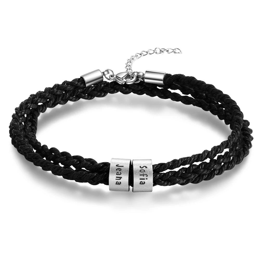 Men braided leather bracelet with small custom beads in silver