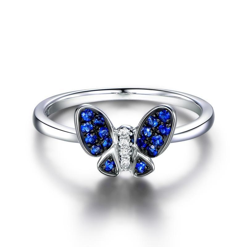 Butterfly Shaped Blue Created Diamond Ring Sterling Silver
