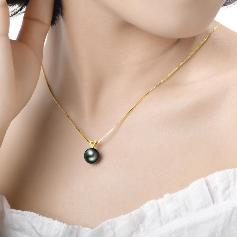 18k Gold Natural Cultured Tahitian Black Pearl Diamond Pendant Necklac with Silver Chain