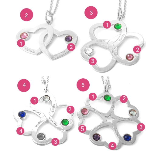 Intertwined 5 Hearts Name Necklace With Birthstones